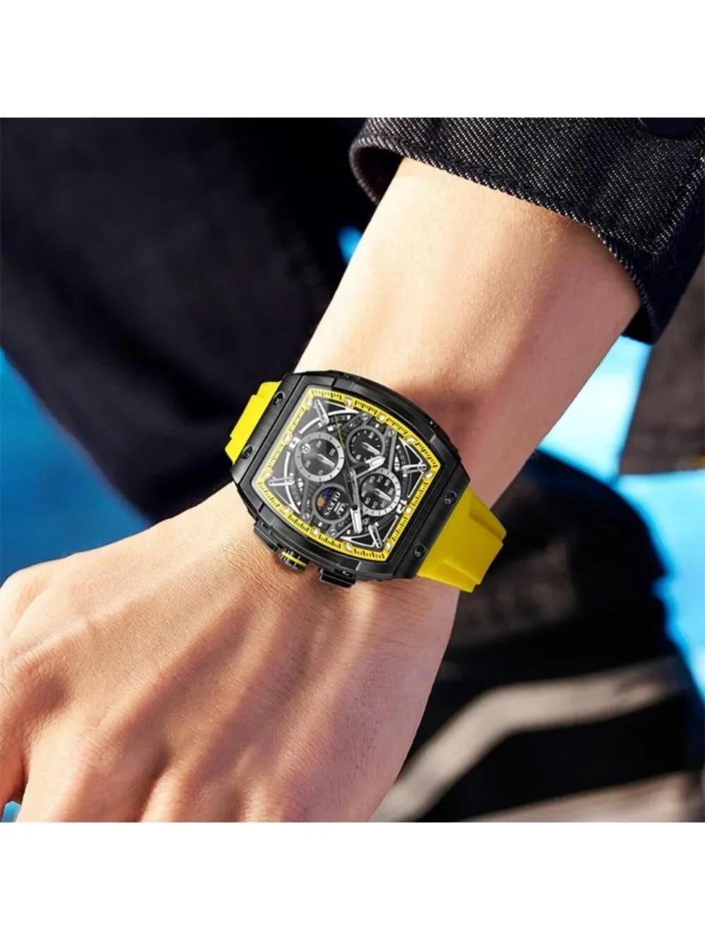 Men's Yellow Chronograph Big Square Analog Silicone Strap Waterproof Wrist Watch